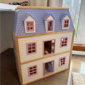 Deluxe Wooden Dollhouse with Pink and Purple Roof